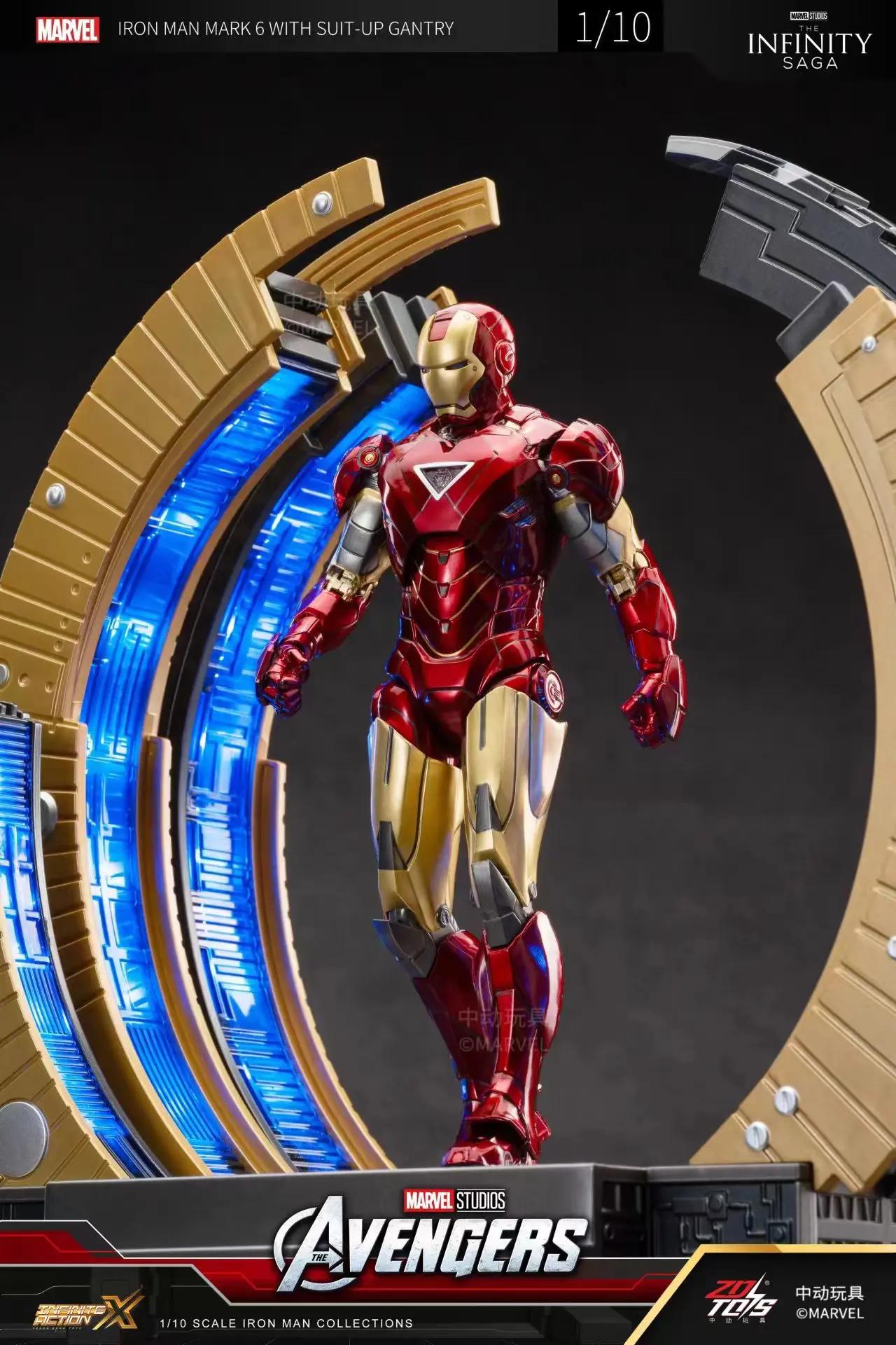 Original ZD Toys Iron Man WITH SUIT-UP GANTRY LED Circular armor dismantling platform MK6 Anime Tony Stark Model Action Figure