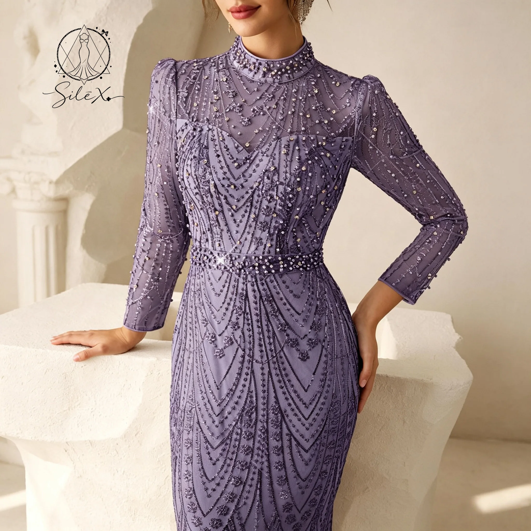 Lavender Sequin Lace Mermaid Formal Gown High Neck Long Sleeve Fitted Waist Elegant Women Banquet Wedding Evening Dress - view 5