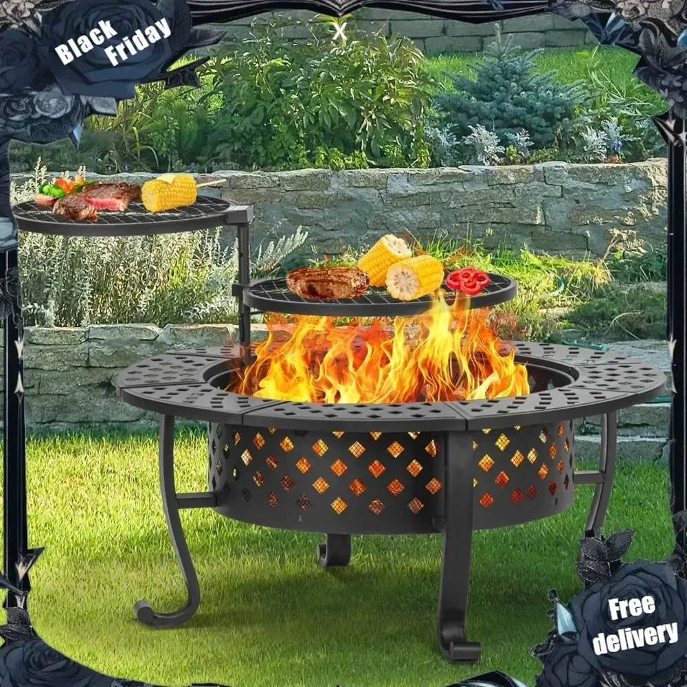 Fuego de 42 pulgadas con 2 parrillas para barbacoa, fogones de leña para exterior con tapa, póker de fuego, barbacoa, hoguera redonda de metal para exteriores