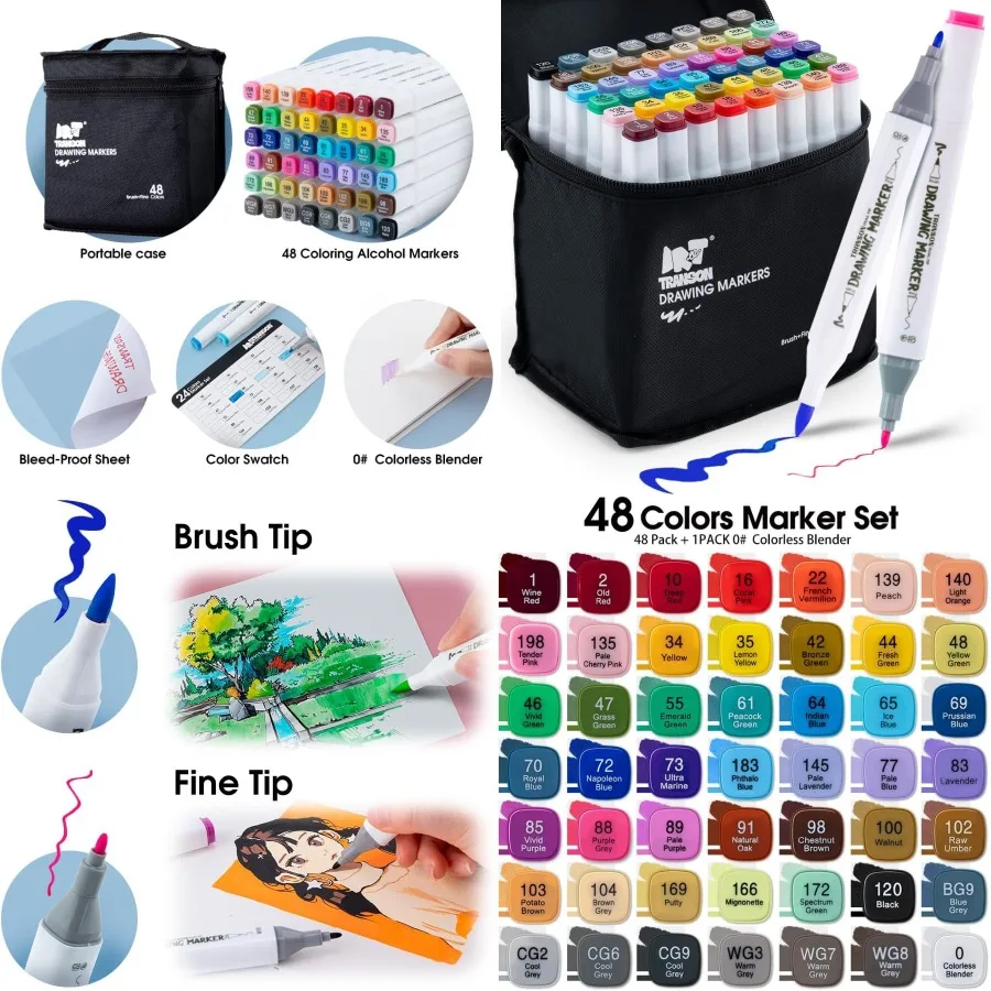 

TRANSON Alcohol Markers for Drawing Coloring 48 Colors Dual-tip Fine and Brush Tips Ideal for Artistic Sketching Crafting and D