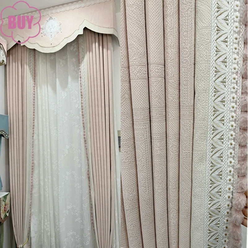 Custom Cream White Pink Embossed Dark Grain Chenille Patched Curtains for Living Room Bedroom French Window Balcony Partition