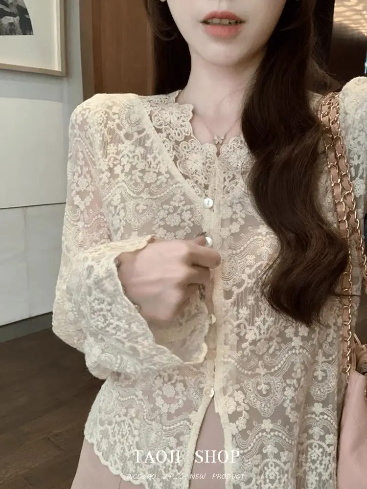 Luxury High-end Shirts French Layered Lace Top Women Long Sleeve Blouses Short Blouse Bottom Shirt Hollow Out Buttons Outerwear