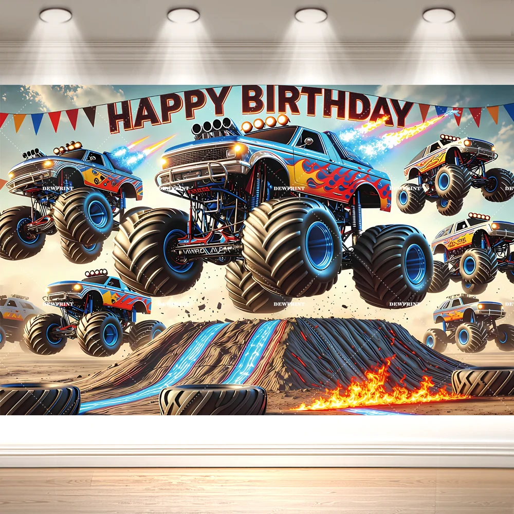 Dewprint Cool Racing Monster Truck Happy Birthday Backdrop Fire Lightning Dirt Track Kids Party Wall Banner Decor Supplies