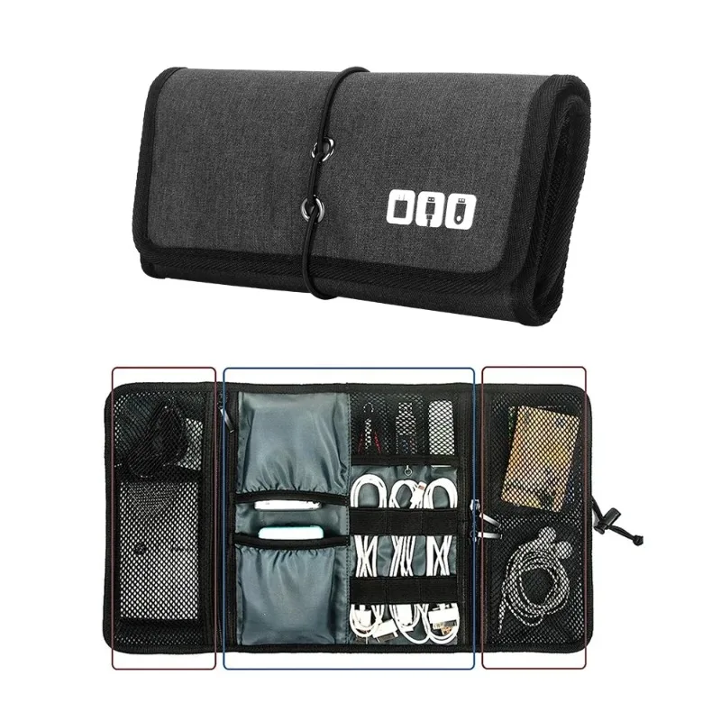 Large Capacity Electronic Organizer Pouch - Roll Up Cable Storage Bag for USB Cords, Charger, Phone Accessories, Travel Case