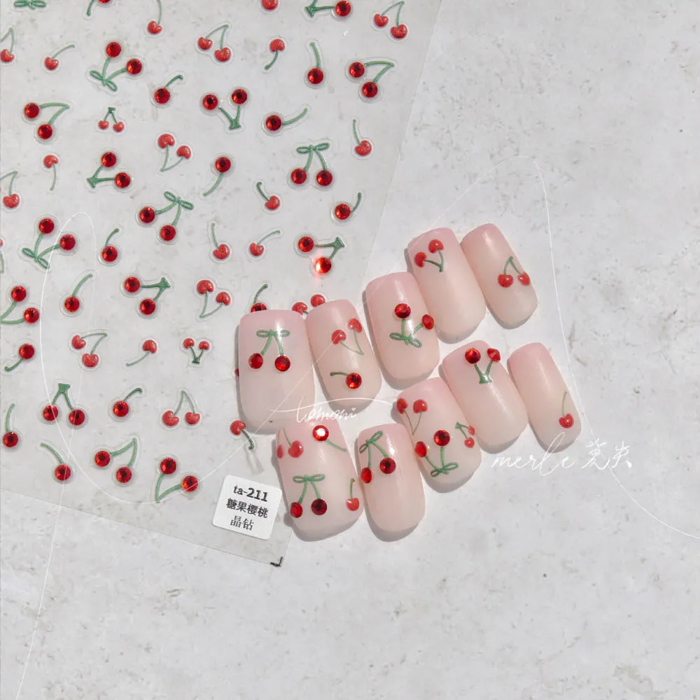 

5D тисненые вишневые наклейки для дизайна ногтей, милые конфеты, кристаллы, алмазы, блестящие, розовые, красные, желтые, рельефные наклейки для маникюра, переводки для ногтей своими руками