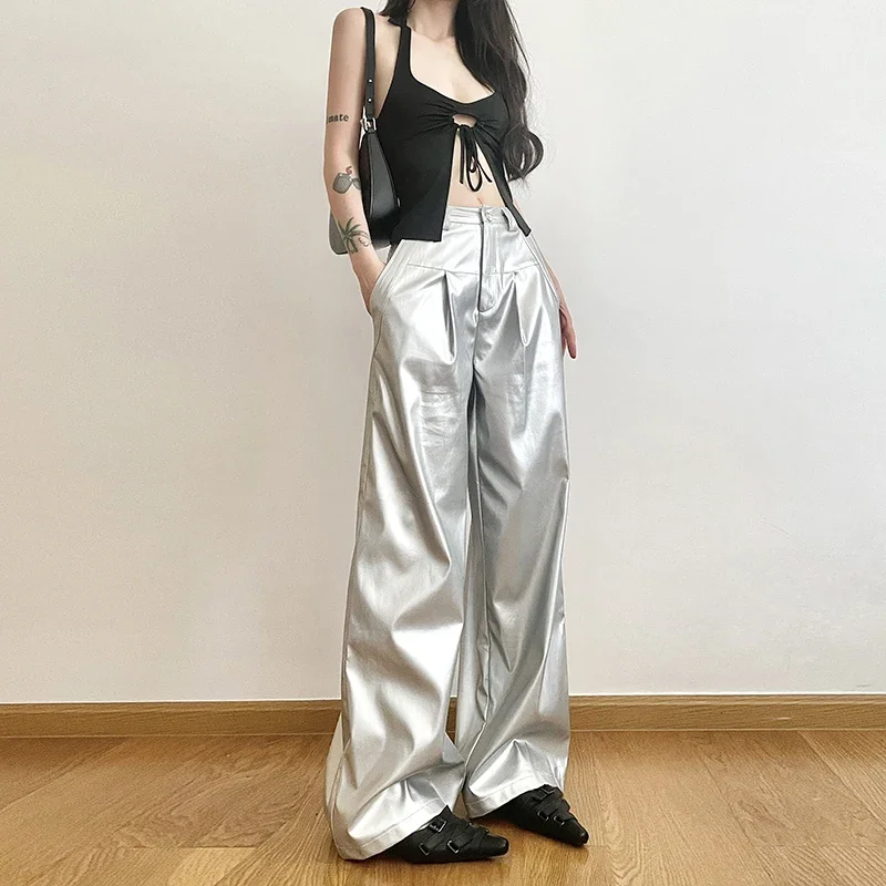 

Cool Sa tug sister fried street personalized silver high-waisted casual pants women loose and thin wide-leg mopping trousers