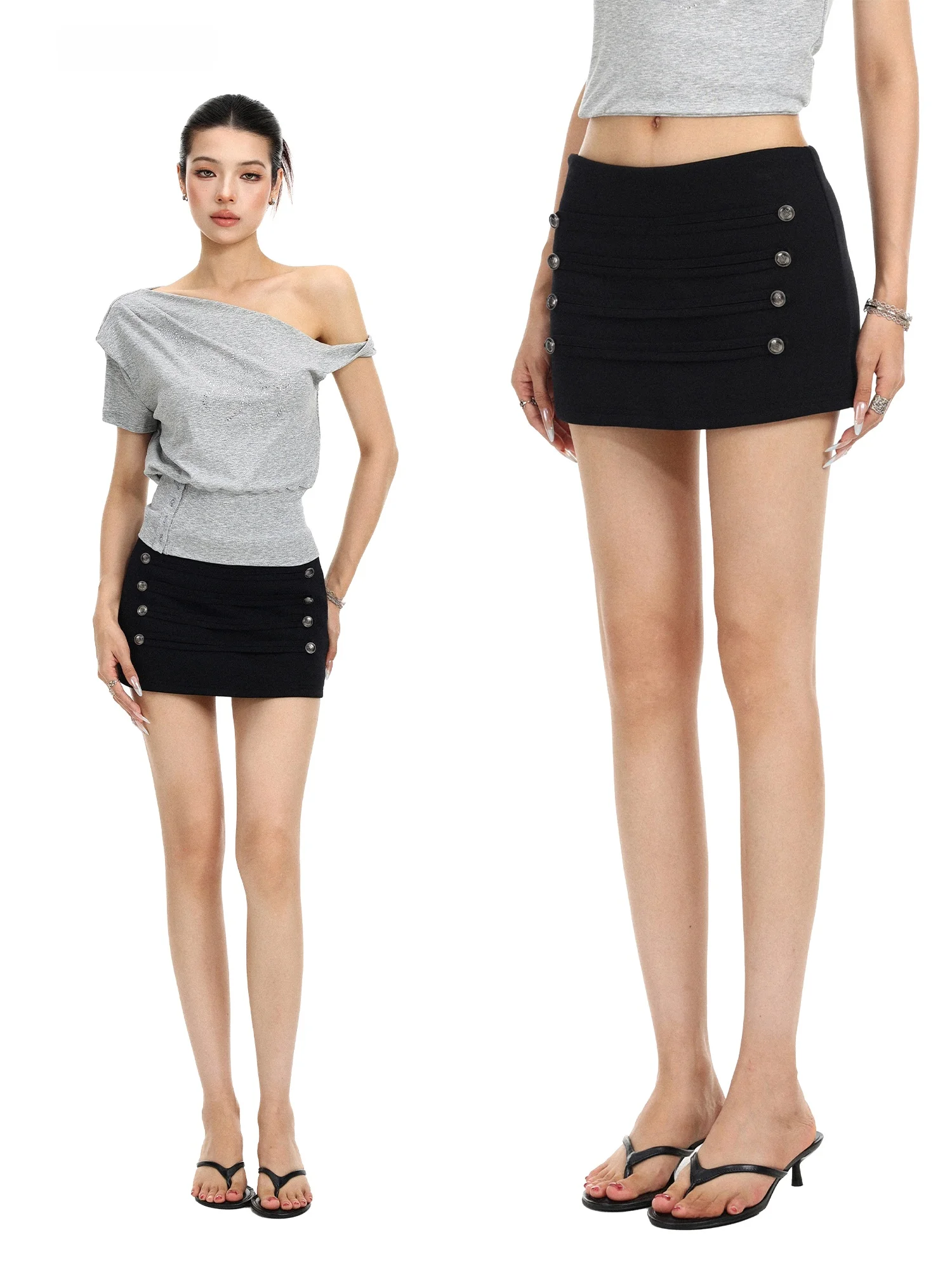 Black Double-Breasted  Skirt Women's Court Style Half-length Skirts Skin-friendly Breathable Faux Leather Short Skirts