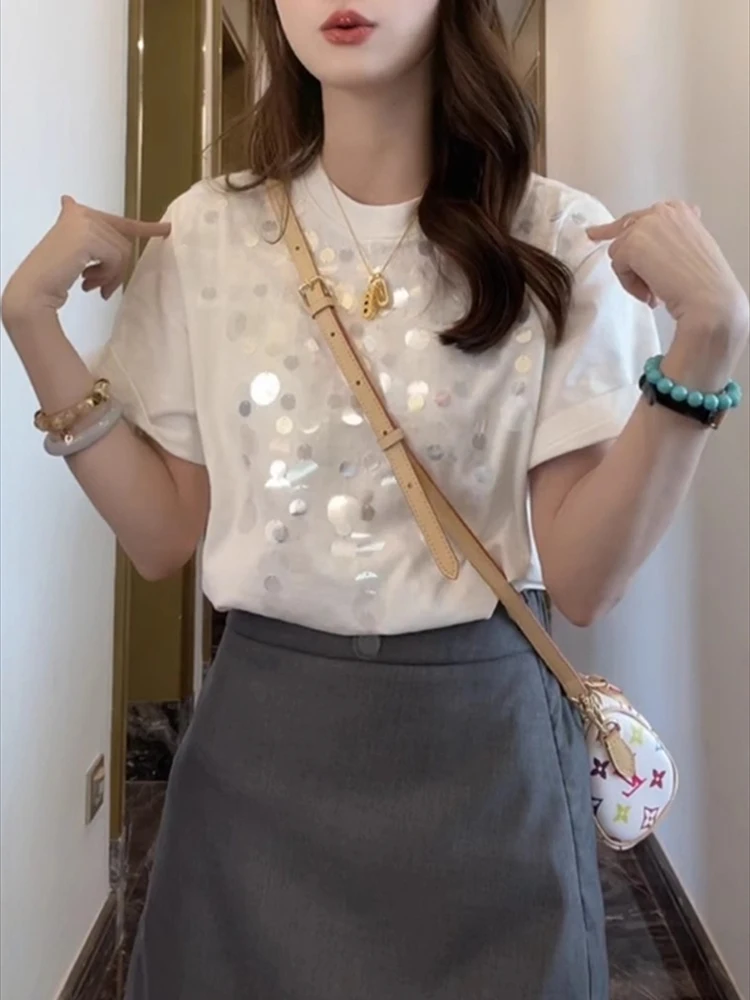 Heavy industry sequin shoulder short sleeved T-shirt for women's summer hot item loose unique super good-looking top