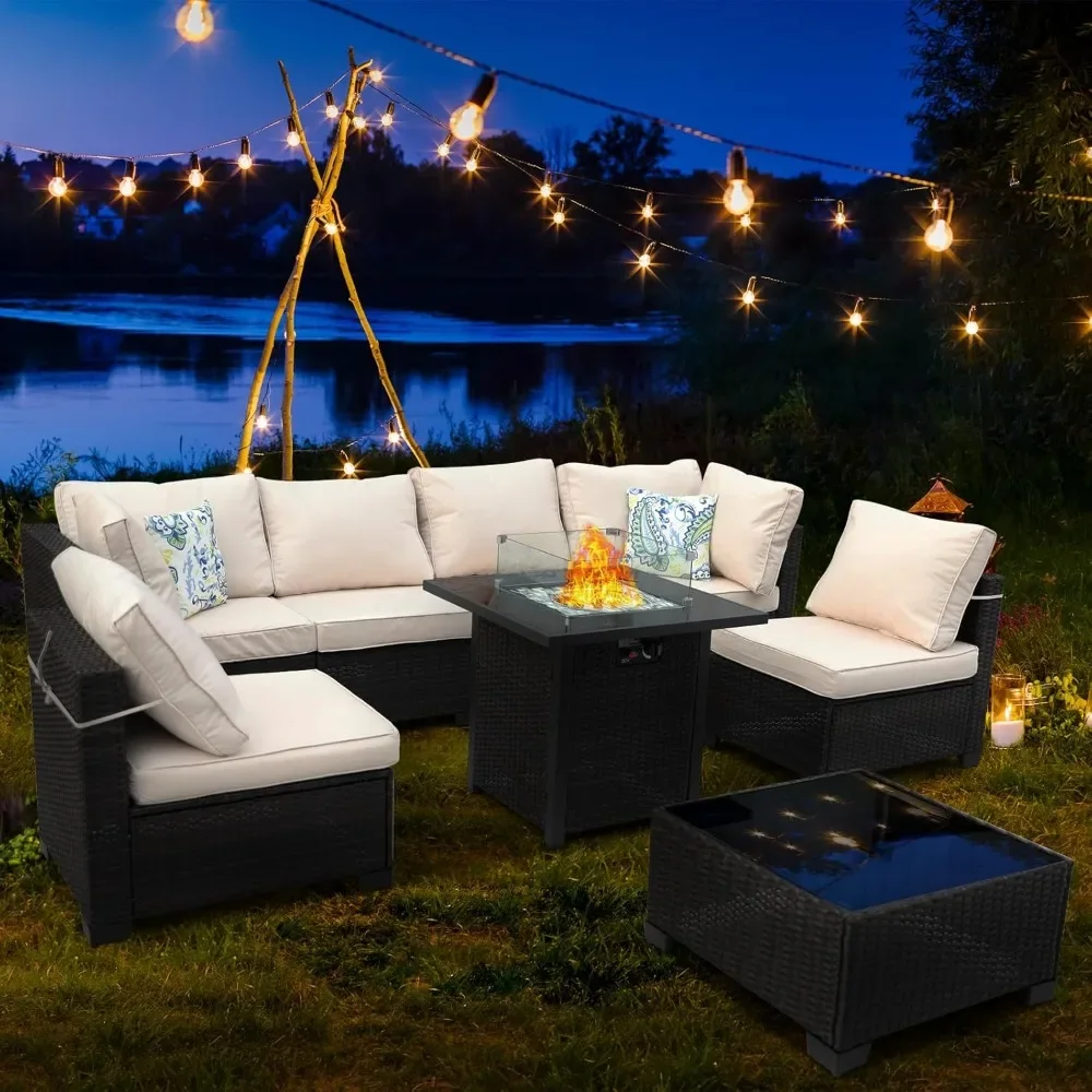 

8-Piece Outdoor Patio Furniture Set with 28" Gas Fire Pit Table, Outdoor Seating Set with Coffee Table, Outdoor Sectional