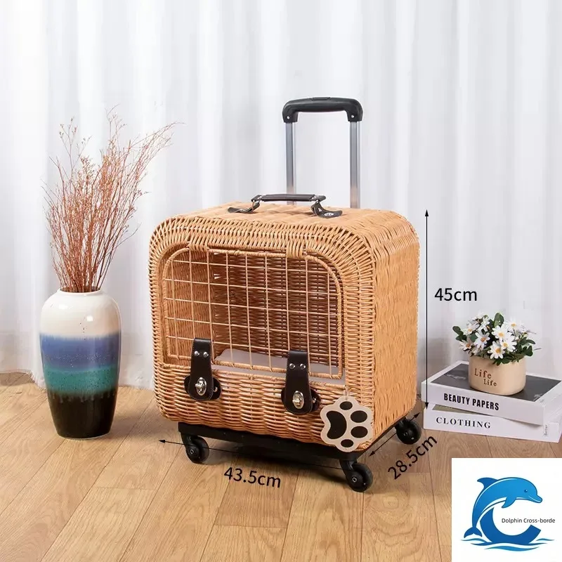 Applicable to Rattan cat carrier with wheels, portable pet travel case, cat bed, air/car-friendly creative cage.
