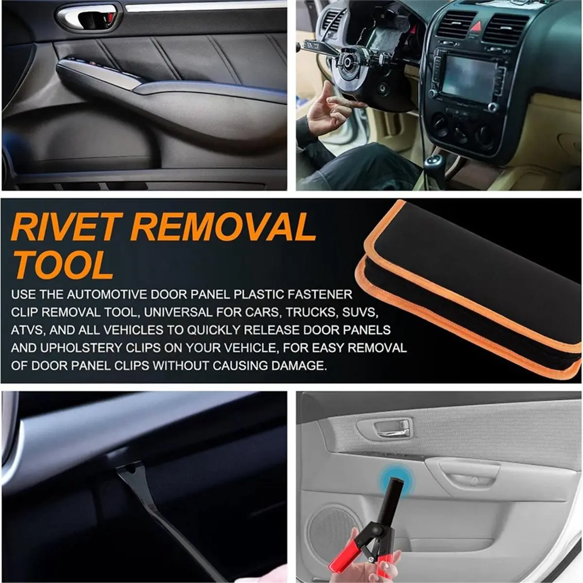 Rivet Tool Kit for Cars: 40pc Nylon Blind Rivets, 4 Hook Tools, 1Trim Removal Tool & Bag Auto Plastic Manual Riveter Set
