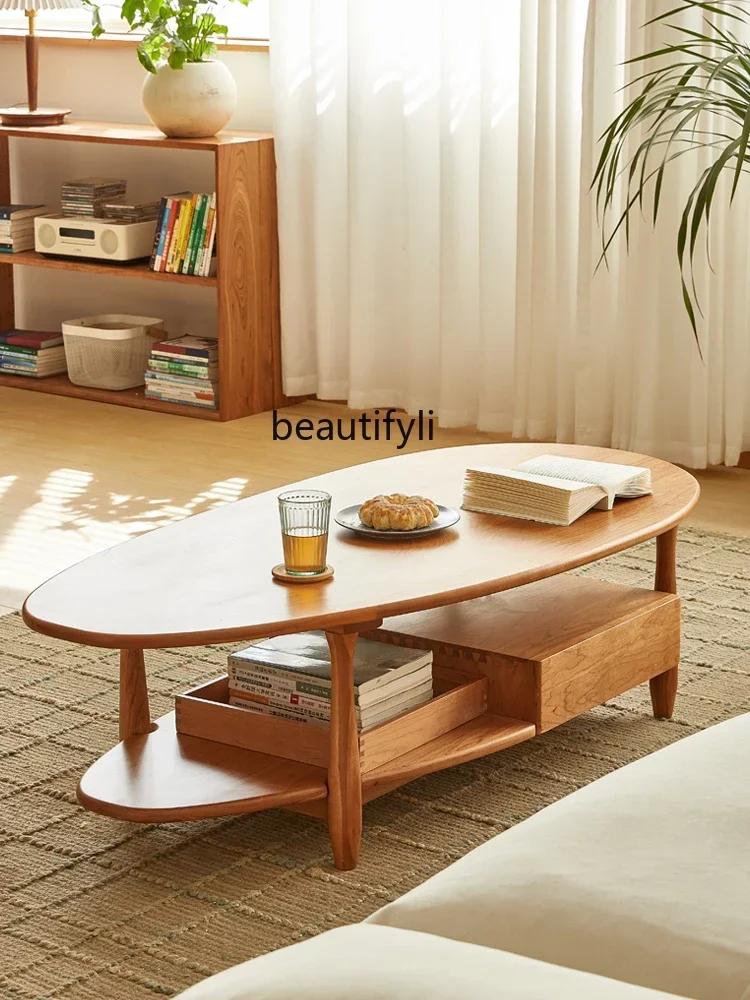 25LD Nordic solid wood coffee table cherry wood living room tea table multi-functional small apartment with drawers