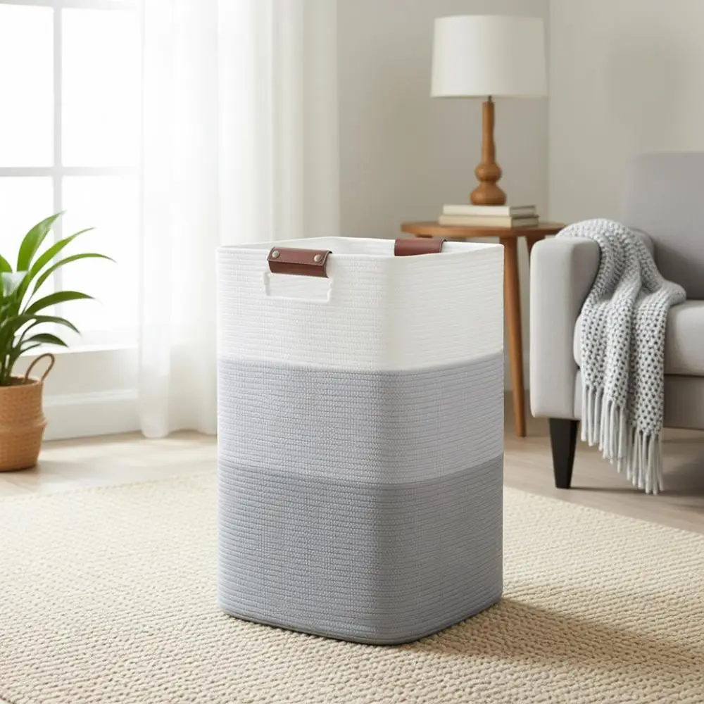 

Очень большая корзина для белья на 96 л, хлопковая плетеная корзина для хранения с ручками, идеально подходит для гостиной, подушек, одеял, одежды - серый цвет