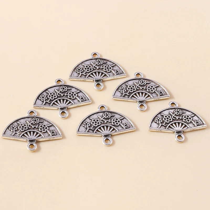 Leslie 20pcs 14*15mm Double Hole Cherry Blossom Fan Charms Pendant Alloy DIY Handmade Necklace Bracelet Earrings Jewelry Marking