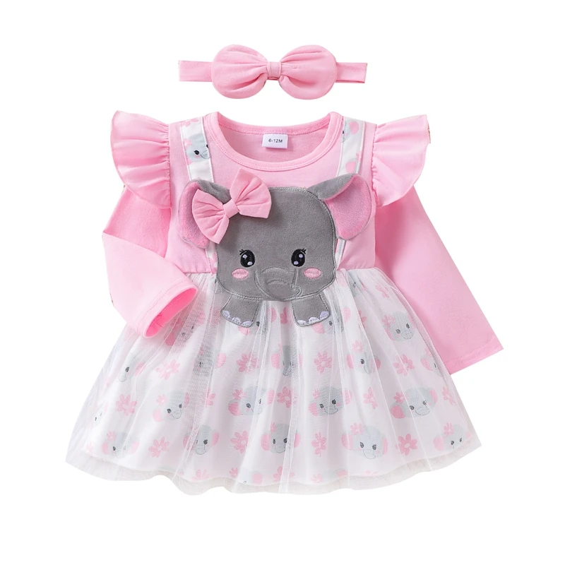 الفتيات الفيل طباعة طويلة الأكمام الطبقات تول فستان عارضة مع عقال ، جولة الرقبة ، فستان الأميرة للأطفال ، الخريف