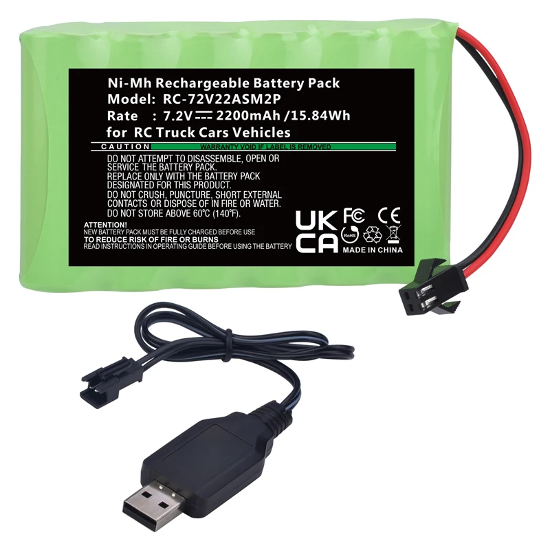 

7.2V 2200mah 6x AA Ni-MH Rechargeable NiMH Battery Cell Pack + USB Charging Cable for RC Truck Cars Vehicles with SM-2P Plug