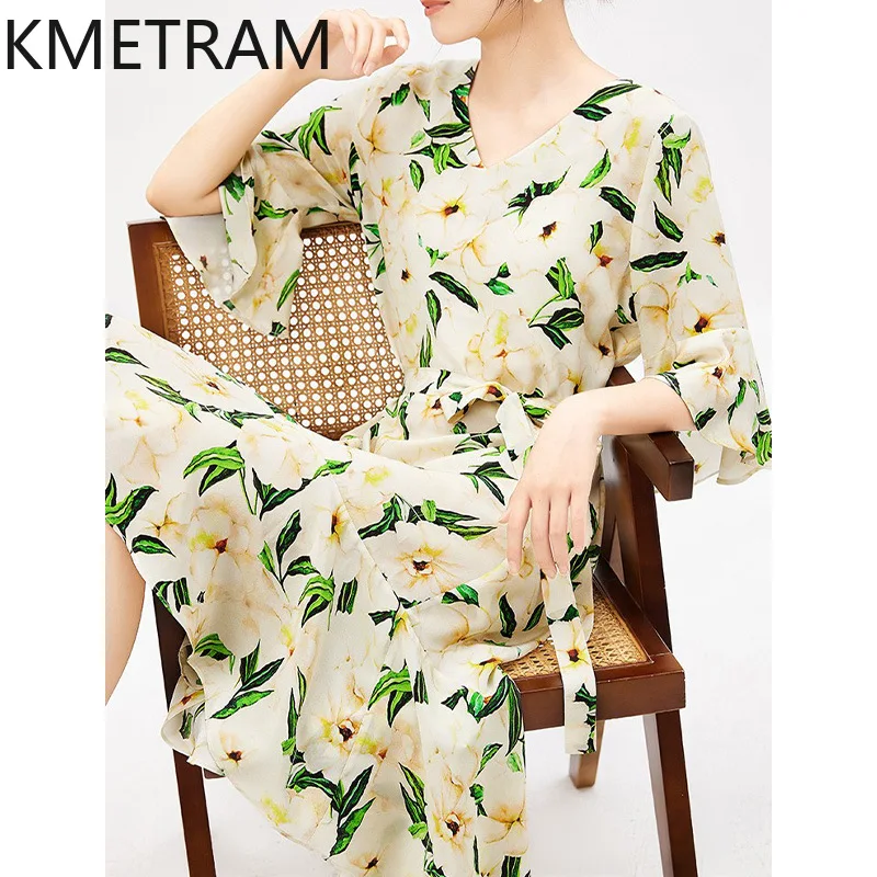 

KMETRAM 100% Mulberry Silk Women's Dress Floral Elegant Dresses for Woman Clothes High Quality Summer Long Dress Robe Femme