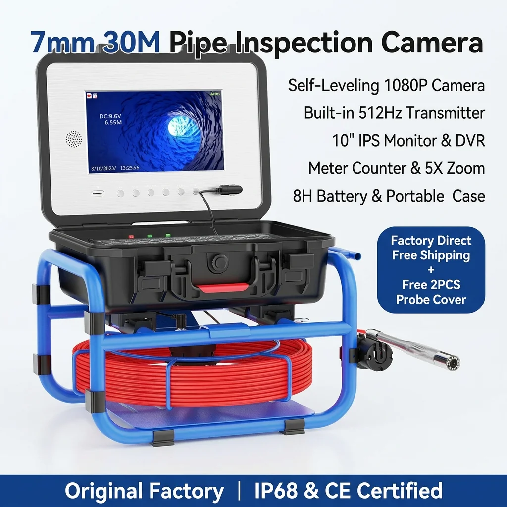 

10" IPS Pipe Inspection Camera 30M 7mm Fiberglass Cable AHD 1080P Self-Leveling 512Hz Transmitter Meter Counter 5X Zoom DVR 16GB