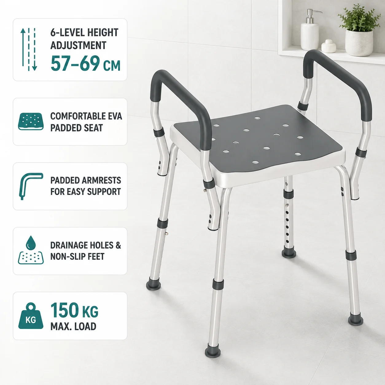 Chaise de douche réglable en hauteur sur 6 niveaux pour personnes âgées, siège de bain sans dossier avec coussin en EVA souple, accoudoirs rembourrés, cadre en aluminium antirouille, trous de drainage, pieds antidérapants, capacité de 150 kg et montage sans outils