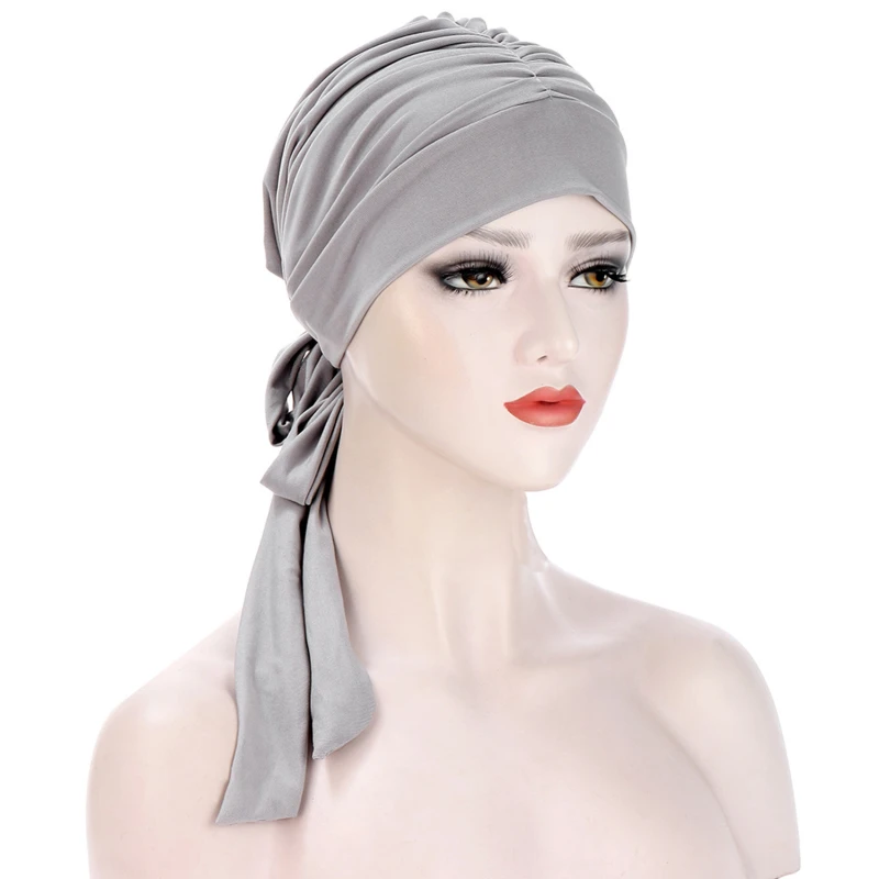 Stretch Solid Wrinkle Turban Hat Cancer Chemo Beanies Caps Pre-Tied Scarf Headwear Headwrap Plated Hair Accessories Muslim Women