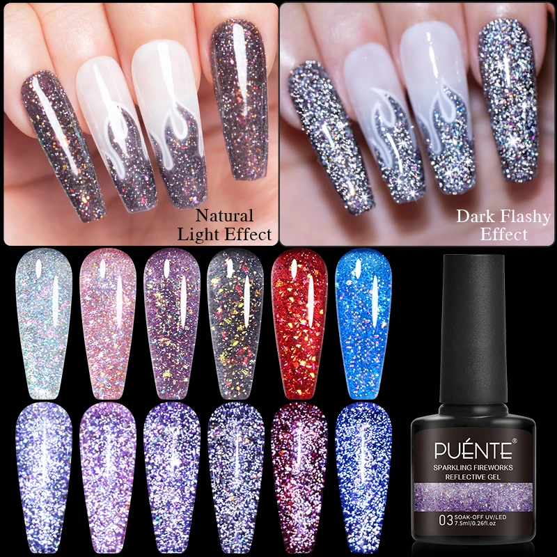 PUENTE 7.5ML Sparkling Fireworks Reflective Glitter Gel Nail Polish Dark Flashy Super Shiny Soak Off Semi-Permanent Nail Varnish