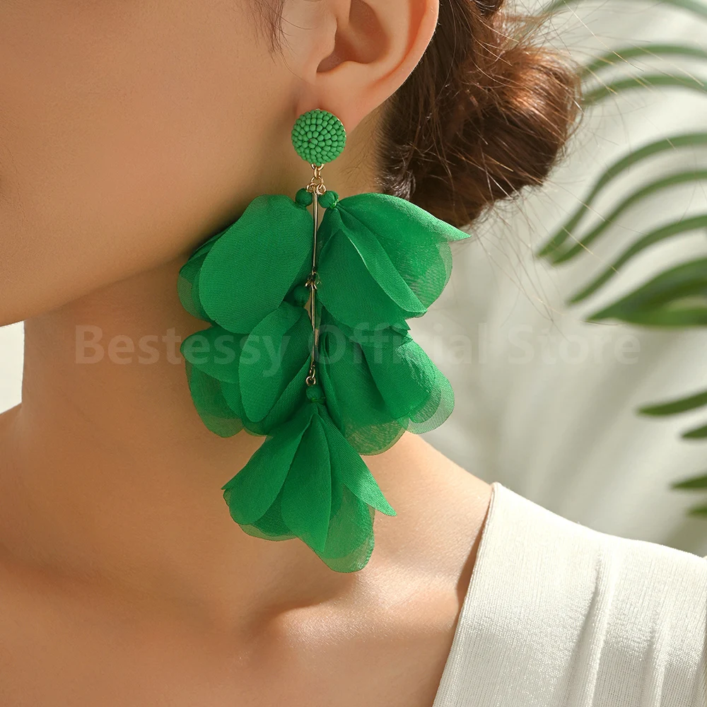Bohemian Handmade Women's Fabric Flower Petal Long Tassel Earrings for Party Prom Beach Vacation Jewelry Romantic and Sweet