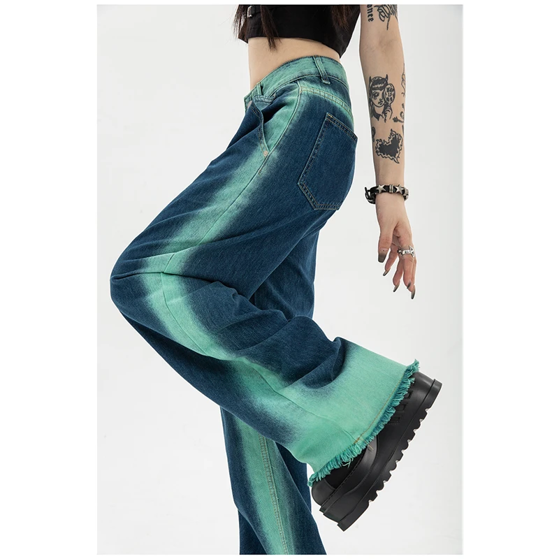 Womens Jeans High Waist Vintage Straight Baggy Pants Design Streetwear Gradient Color Hip Hop Denim Wide Leg Trouser