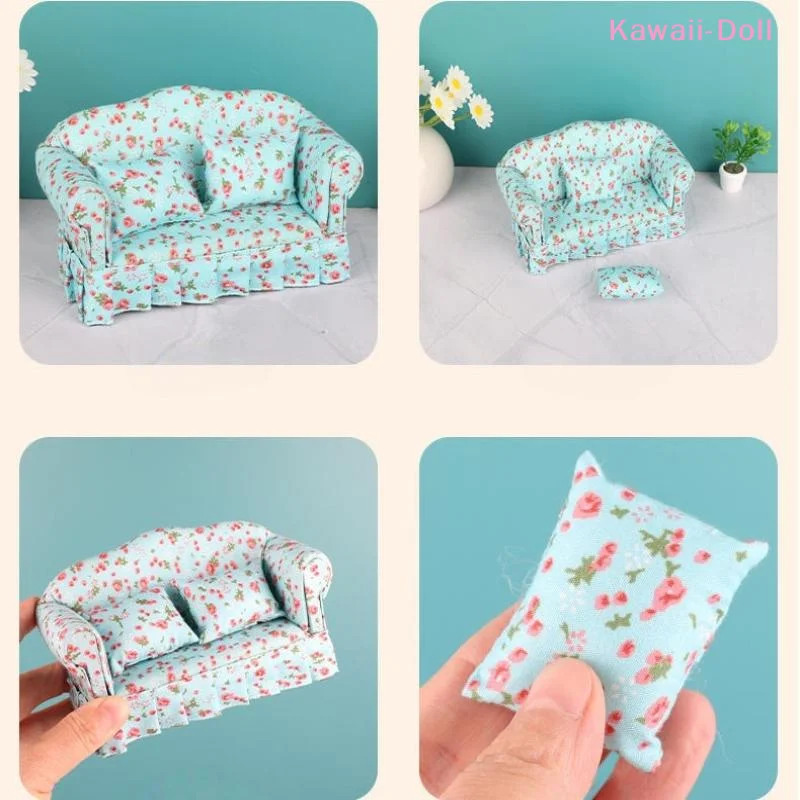 

1 Set 1:12 Dollhouse Double Sitting Sofa With Pillow Kit Doll House Furniture Simulation Miniature Living Room Pretend Play