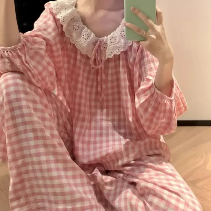 New lace Plaid Long Sleeved Floral Pajamas for Women for Spring and Autumn Doll Collar Princess Style Home Clothes Autumn Set