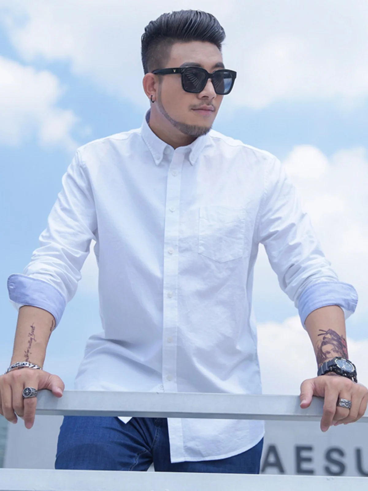 Fattened Plus Size Men's Shirt Fat Casual Oxford Spinning, Pure Cotton Loose Long-sleeved White Shirt Solid Color Trendy Top