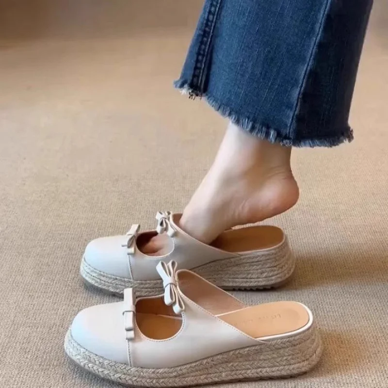 Women's Baotou Platform Slippers | 3-5cm Mid Heel PU Closed-Toe Slides with Non-Slip Rubber Sole | Lightweight Casual Indoor Out image 6