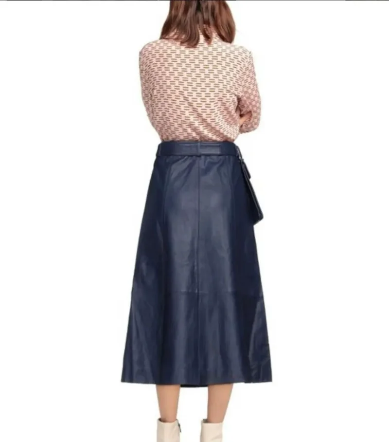 Women Genuine Lambskin Leather Skirt Outfit Blue Vintage Leather Skirt