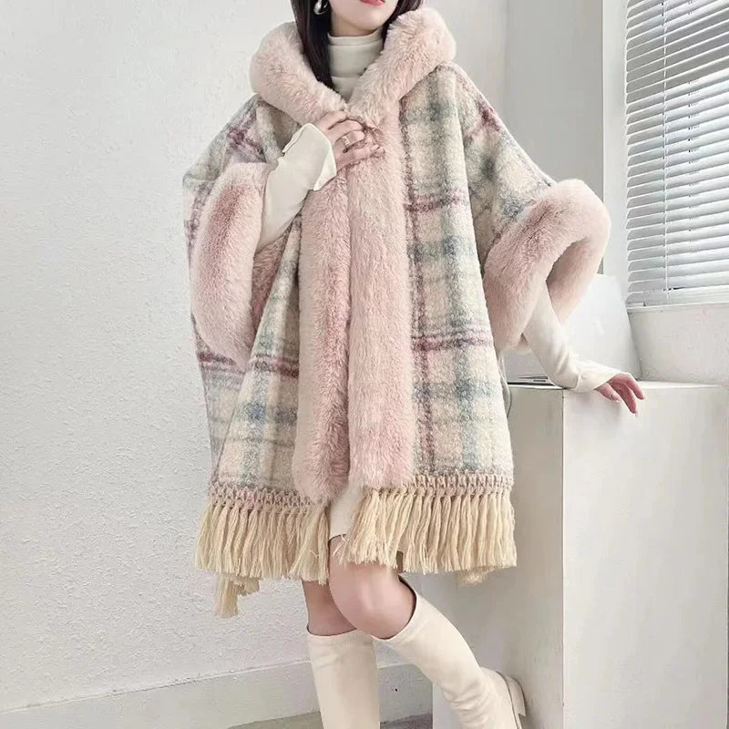 Frauen Große Pelz Kragen Outstreet Tragen Winter Verdicken Samt Poncho Cape Gestreifte Strickjacke Langen Mantel Lose Quaste Mantel Mit Hut