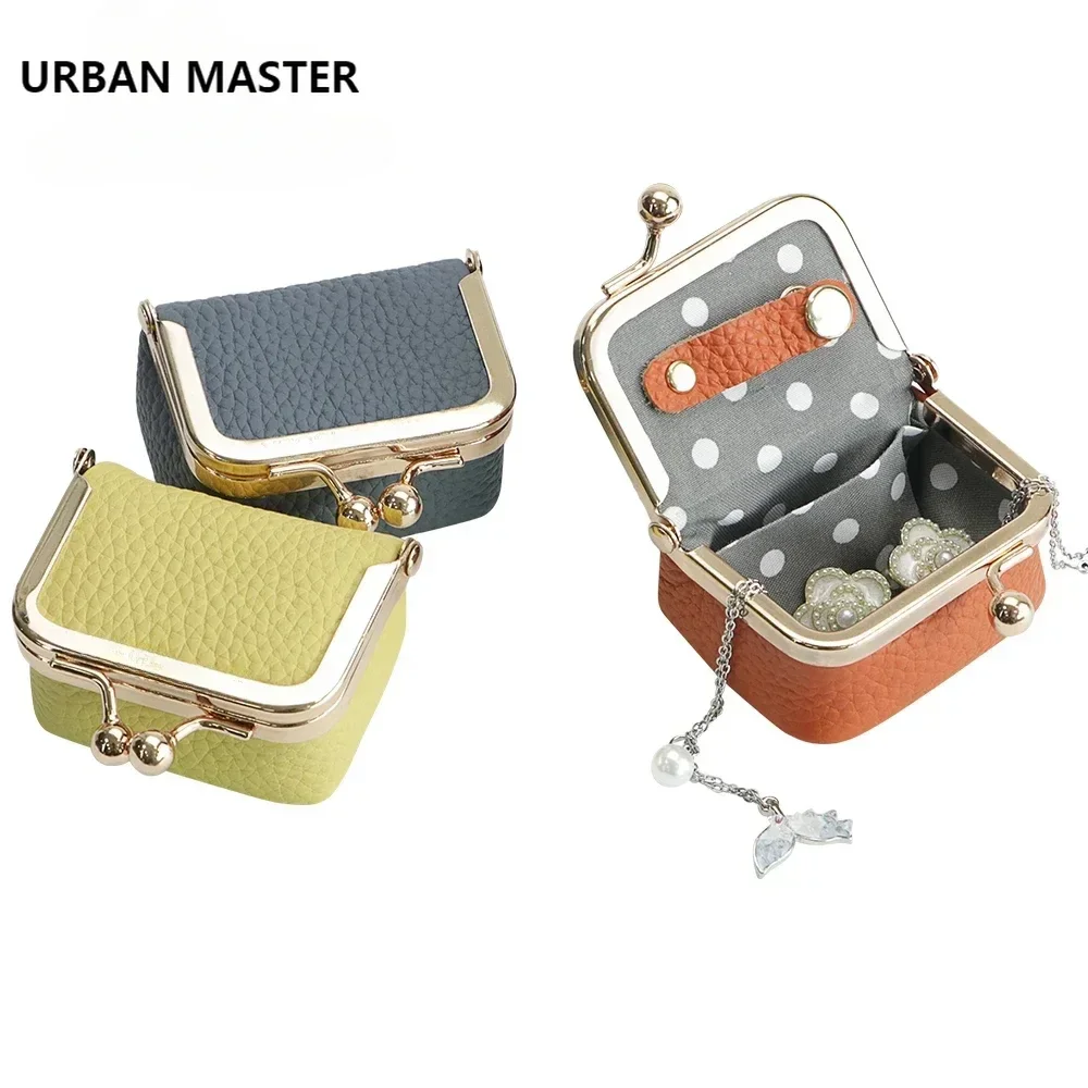 

URBAN MASTERGenuine Leather Mini Coin Purse, Solid Color Kiss Lock Change Pouch, Casual Style Small Storage Bag for Women 1894