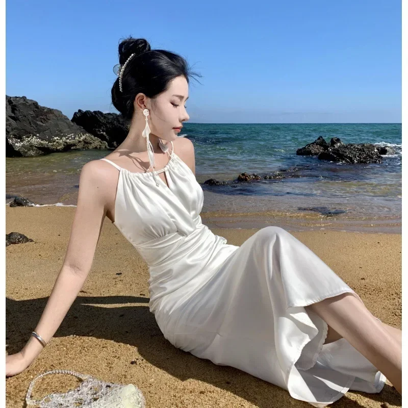 

Spring Summer French Retro Halter Strap Dress For Women Satin Fish Tail Dresses Korean High-Level Feeling Long Dress Korean