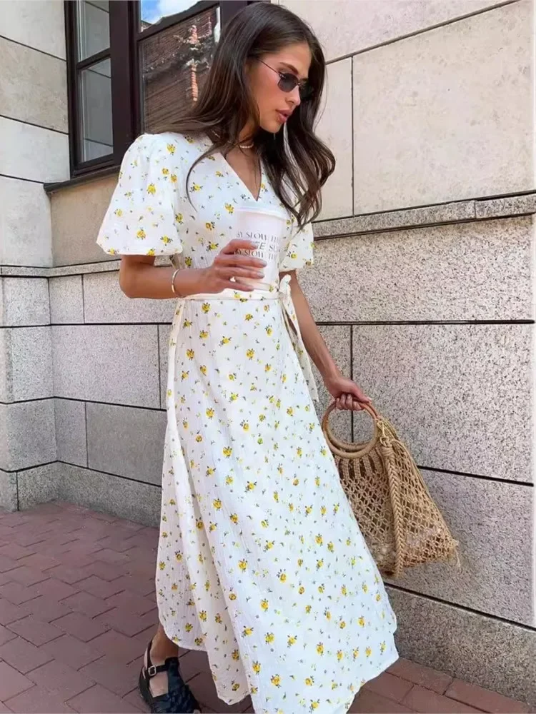 

Pure Cotton Printed Dress, European And American 2025 New Women's Bubble Sleeve V-neck Lace UP Short Sleeved Printed Dresses