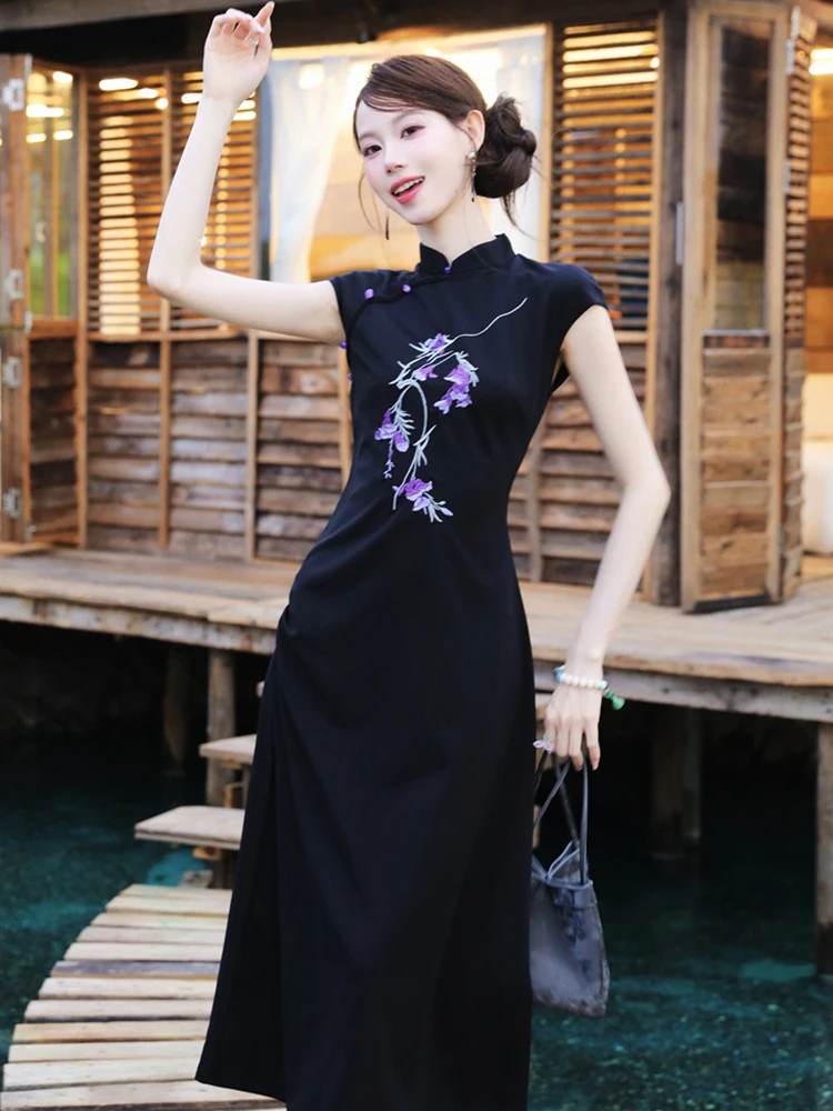 Zomer Zwarte Bloemen Korte Mouw Stand Kraag Jurk Vrouwen Vintage Hepburn Luxe Jurk 2025, Elegante Bodycon Fesitval Lange Jurken