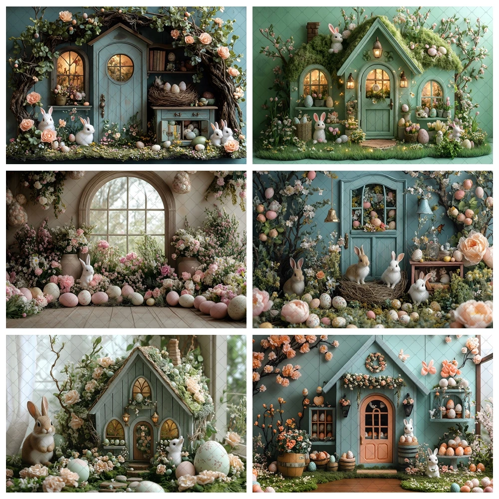 

Spring Easter Backdrop Photography kids Portrait Newborn Baby Shower Background Wooden Door Flower Egg Decor Photo Studio