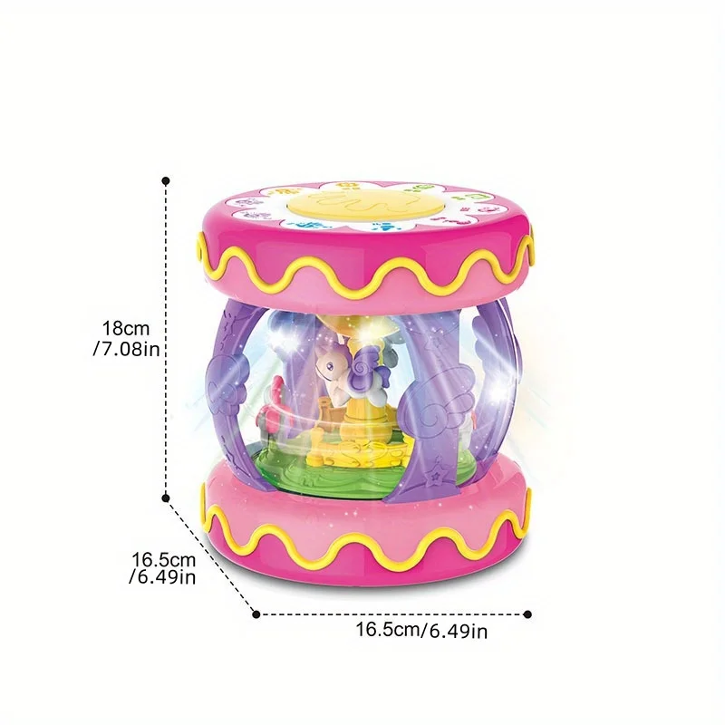 Tamburo musicale illuminato rotante Tummy Time da 6 a 12 mesi, giocattoli per strumenti musicali per bambini con luce musicale, giocattolo per tamburo per bambini