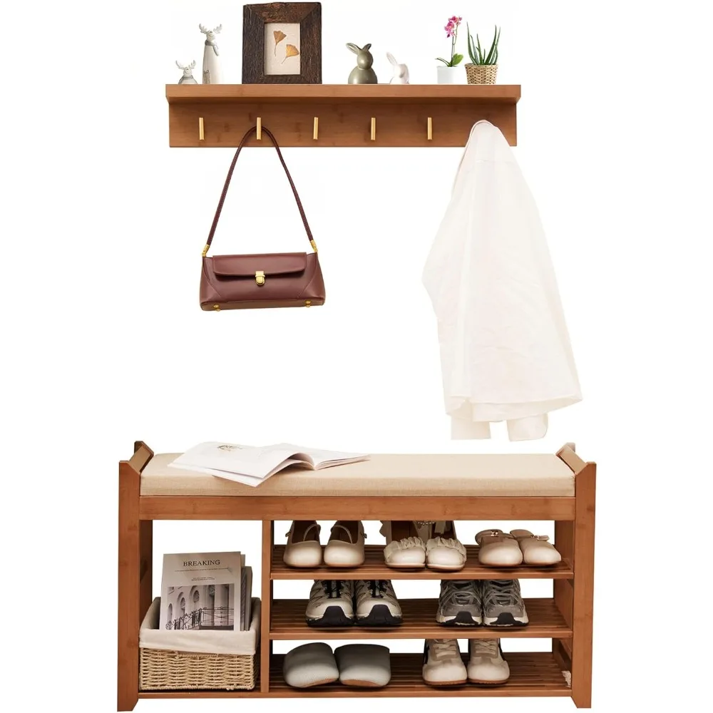 

Hall Tree with Bench and Shoe Storage, Coat Rack Shoe Bench Set with Seat Cushion and 6 Hooks for Entryway, Hallway, Living Room