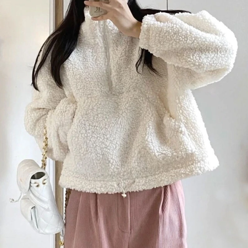 

Age Reducing Lamb Wool Hoodie for Women, Autumn and Winter Design, Casual Half Zipper Stand Up Collar Top
