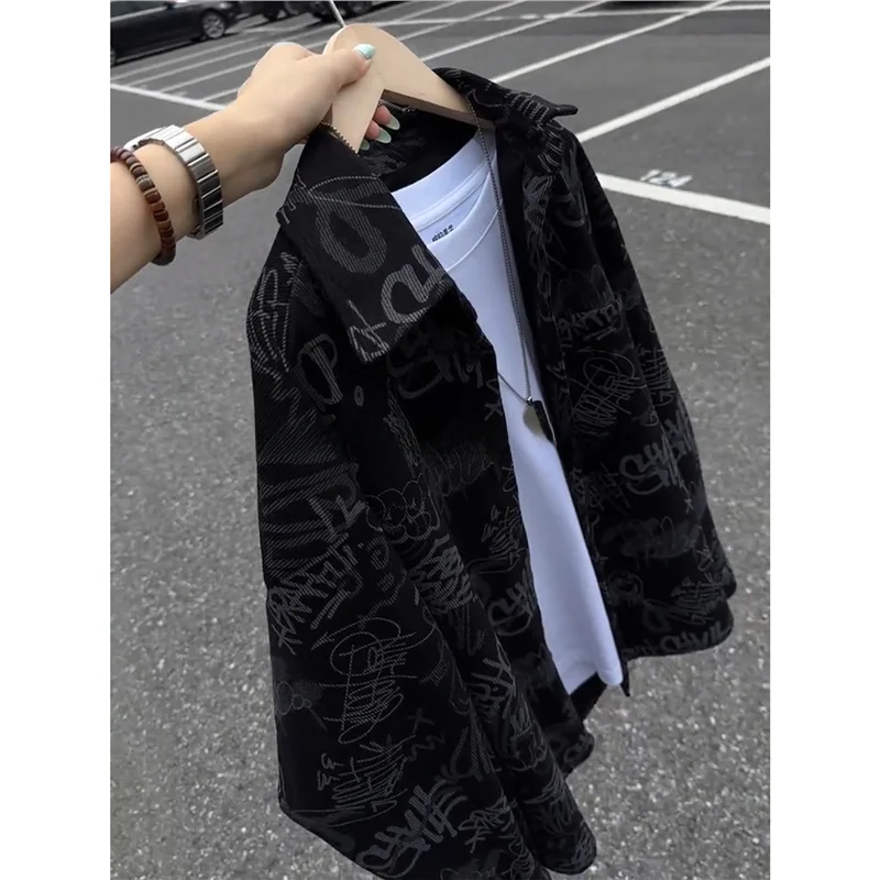 Loose Fit Casual Style Dyed Long Sleeve Men's Shirt Printed Collar Graffiti Design Ice Silk Fabric Regular Length Button up