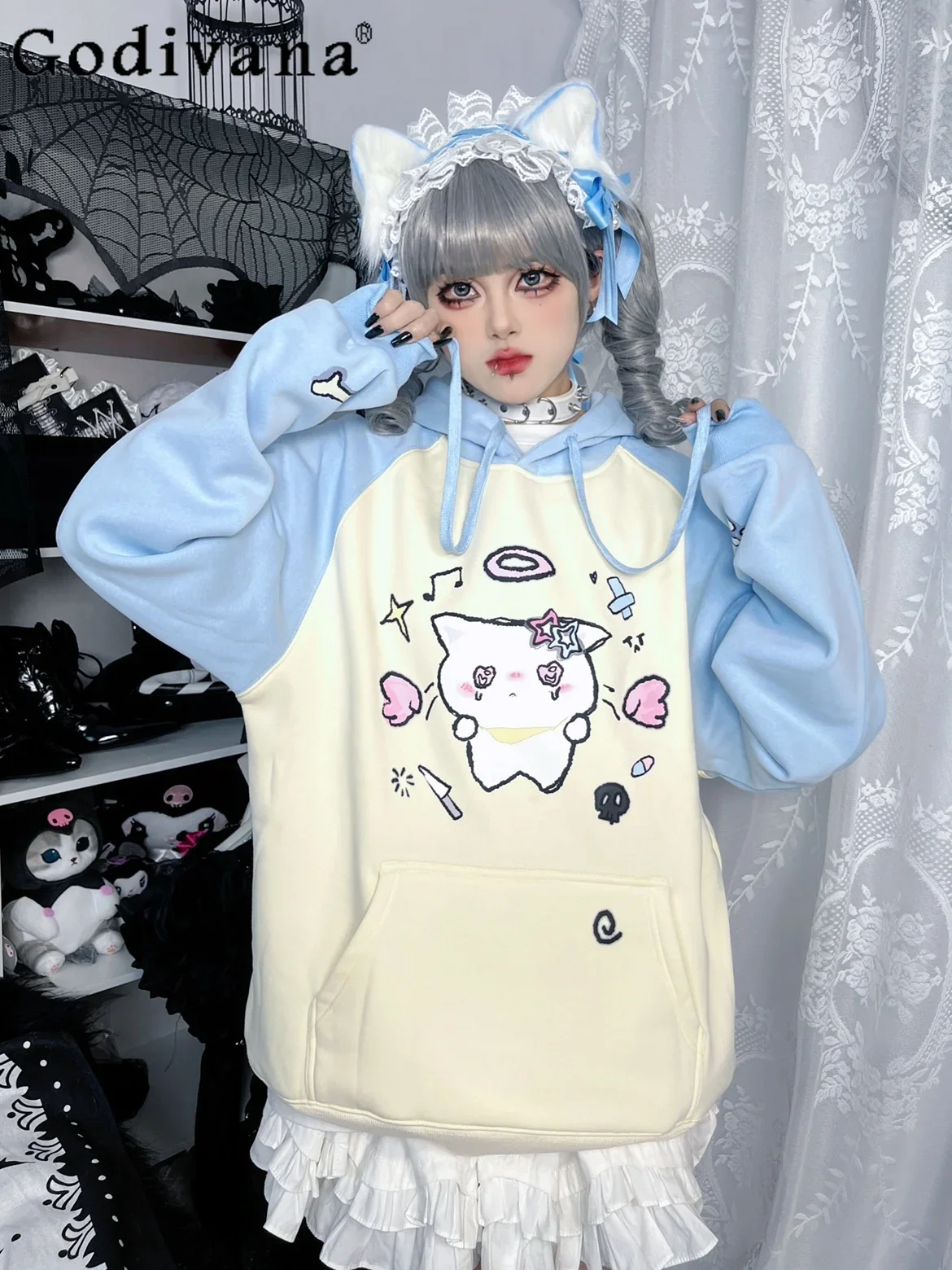 

Autumn Winter Hooded Fleece Thickened Hoodies College Style Y2k Loose 2D Casual Sweatshirts Female Japanese Student Kawaii Top