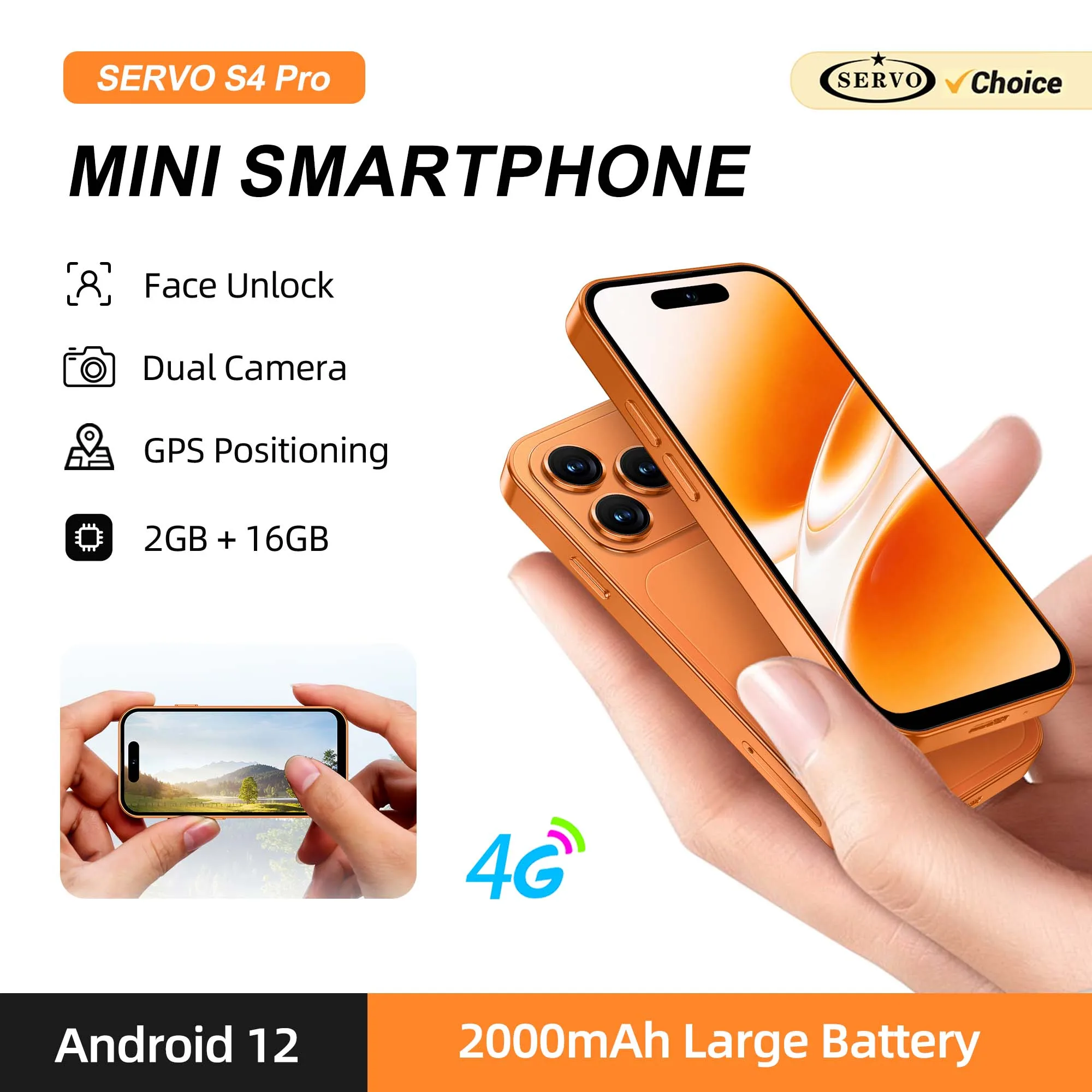 SERVO S4 Pro Mini Smartphone Android 12 4G LTE Dual SIM Face Unlock WiFi GPS 4.0