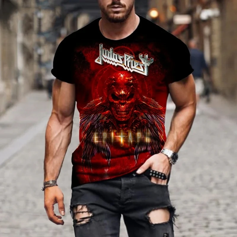 Street Trend Oversized Tees Fashion Hip Hop T shirts Rock Judas Priest Band 3D Printed Men Casual Round Neck Short Sleeve Tops