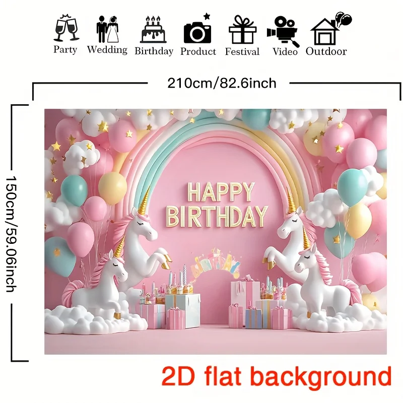 2D flat, 1pc rainbow and unicorn birthday party background - whimsical polyester banner, unicorn birthday party decoration - view 3