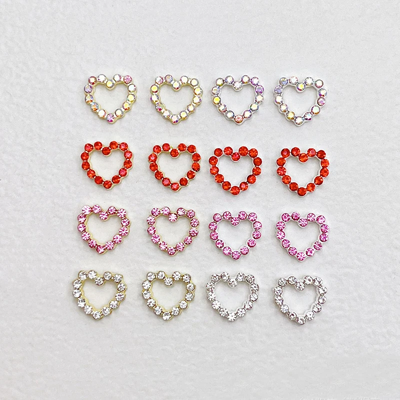 12Pcs 3D Metal Heart Nail Rhinestones Love Nail Charms Jewelry Red Pink White Crystal Glass Gems Nail Art Decorations Accessorie