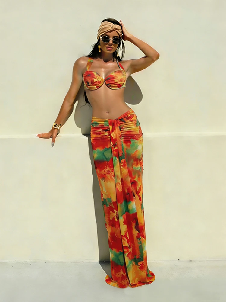 

Комплект из 2 предметов Leosoxs с цветочным принтом: женский сексуальный топ с низким вырезом и открытой спиной + элегантная юбка с рюшами и лентами для пляжного отдыха, вечеринок и клубов