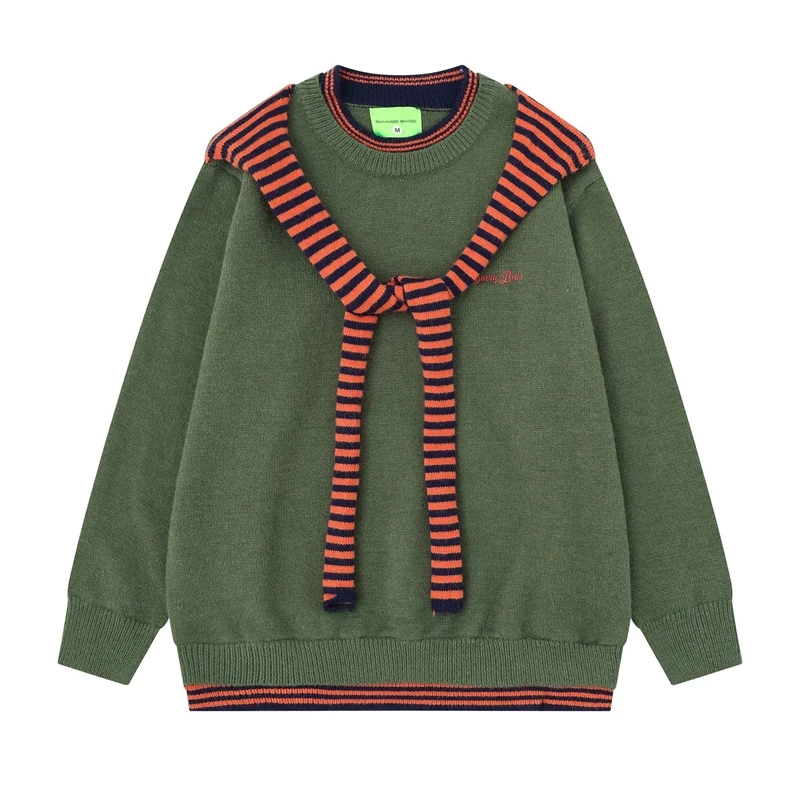 American Vintage Shawl Striped Spliced Men's Knit Sweater Embroidery Letter Loose Trendy Autumn Crew Neck Pullovers CCDX2