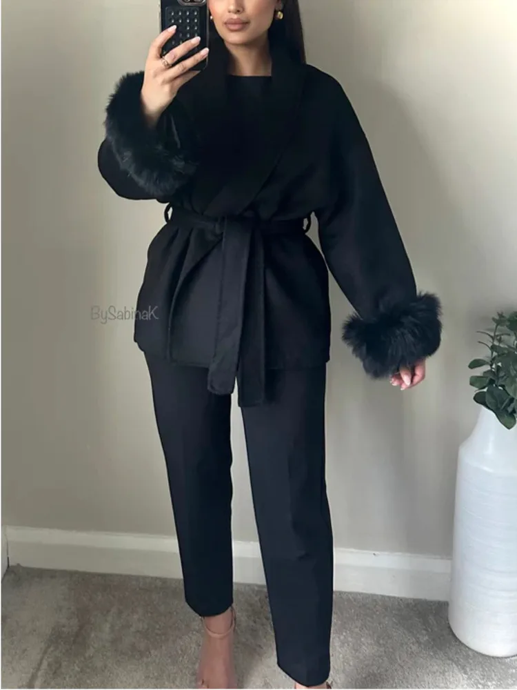 DFDG 2025 AW Women’s Maillard Belted Wool Cape Coat Double Faced Bathrobe Style Trench Pure Color Loose Elegant Overcoat